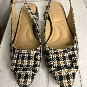 Chinese Laundry Black and Tan Plaid Slingback Heels